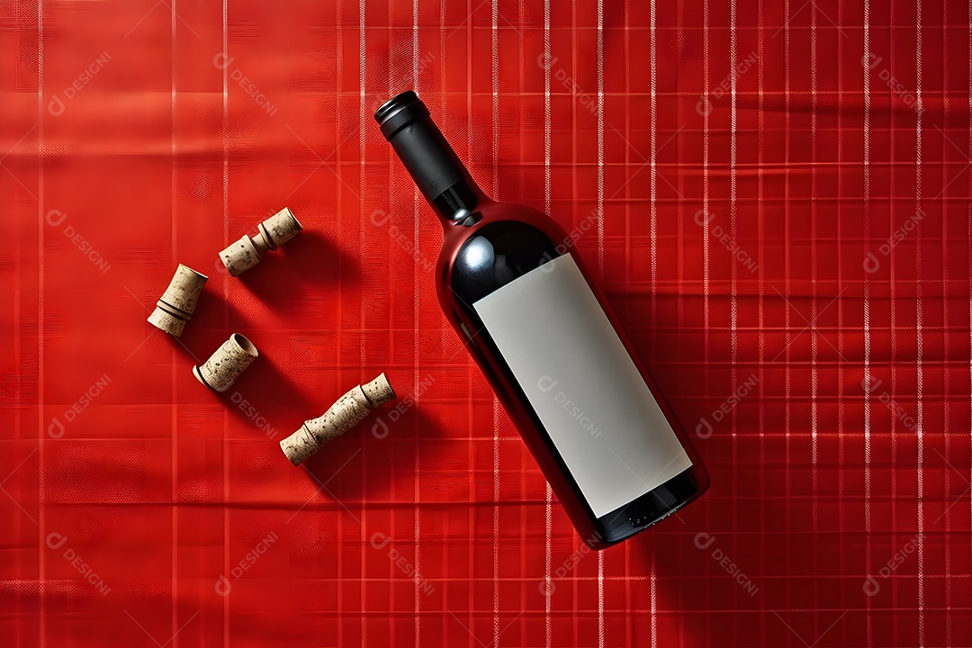 Garrafa de vinho e rolhas sobre tecido vermelho