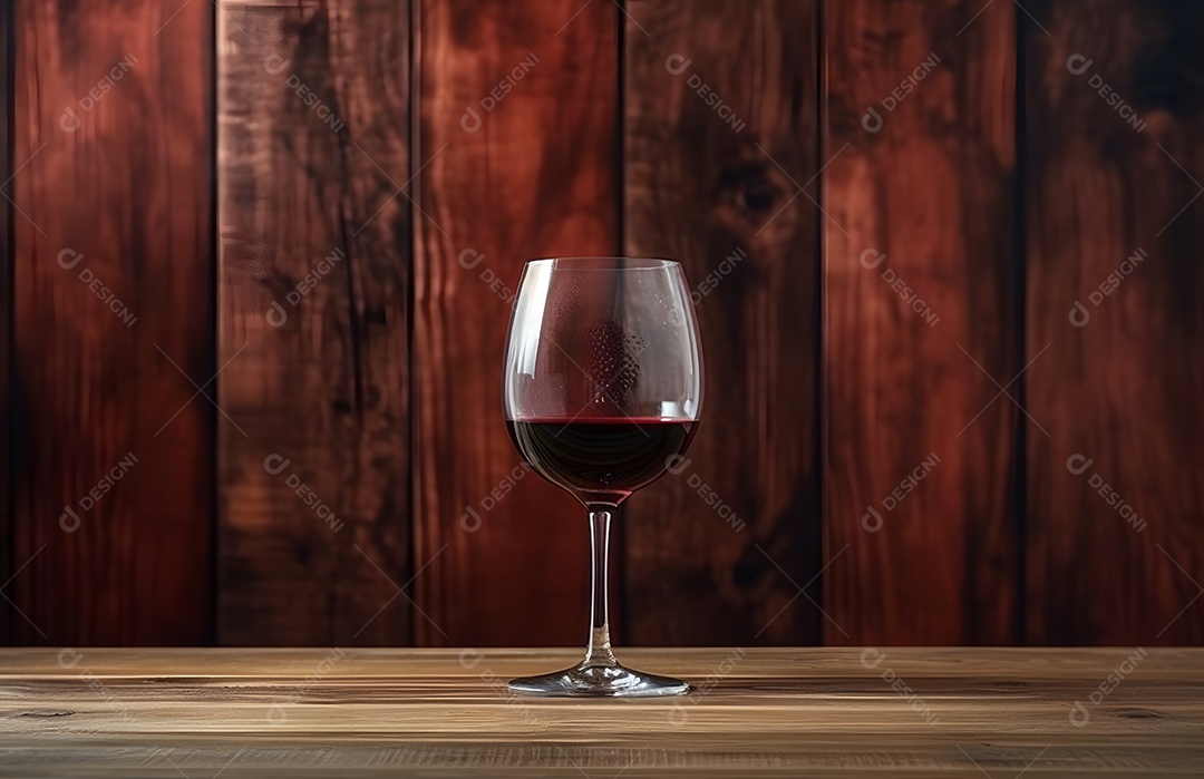 Taça de vidro com vinho tinto sobre a mesa de madeira