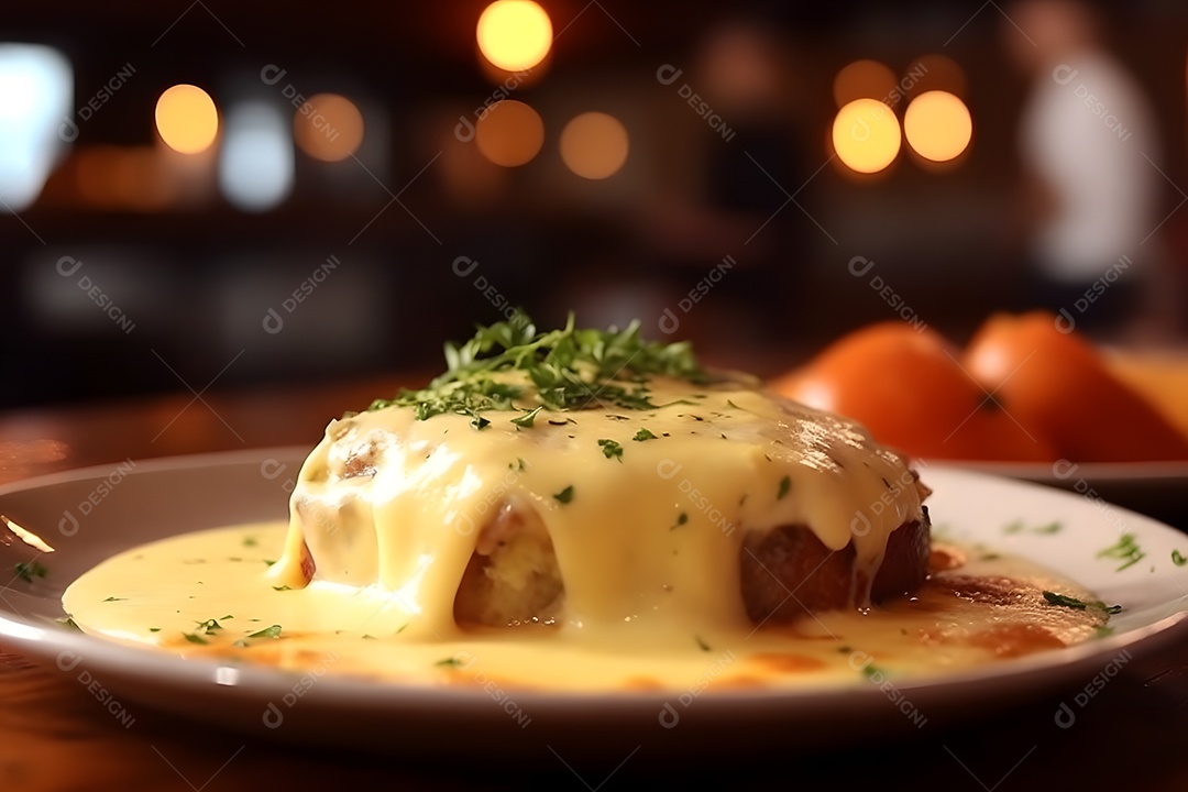 Alimento sobre prato em uma mesa de madeira