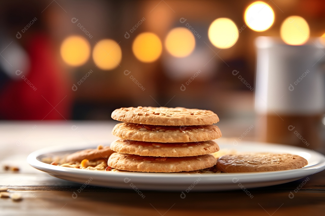 Biscoitos sobre prato em uma mesa de madeira