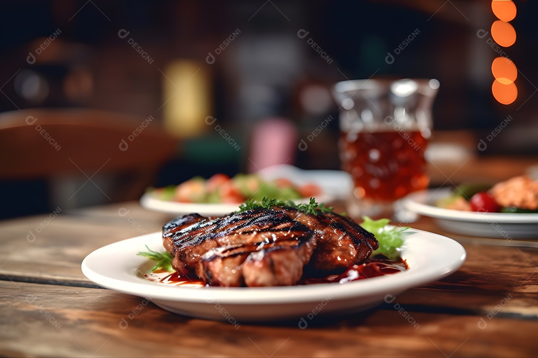 Carne grelhada sobre prato restaurante