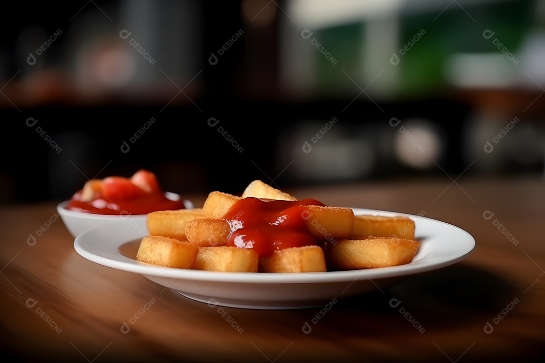 Patatas sobre prato em uma mesa de madeira