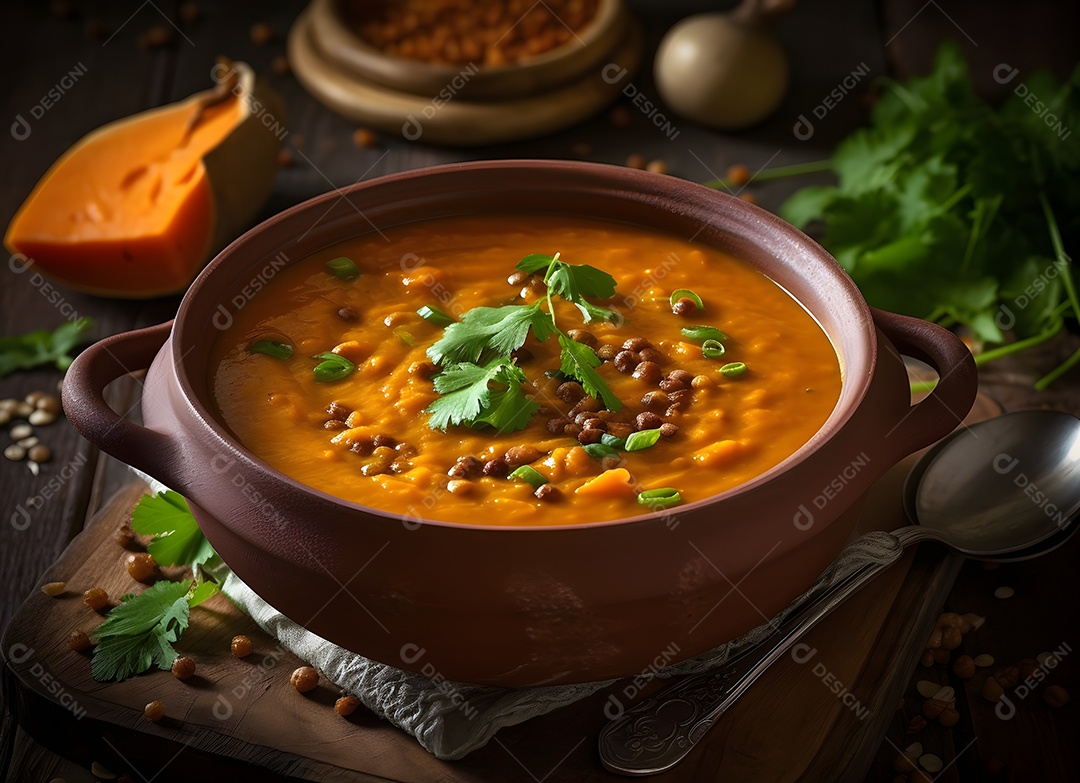 Deliciosa Sopa de Lentilha Vermelha Sobre a Mesa