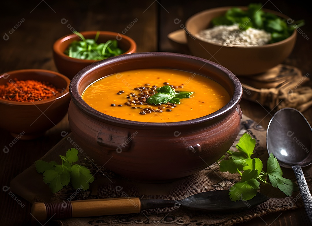 Deliciosa Sopa de Lentilha Vermelha Sobre a Mesa