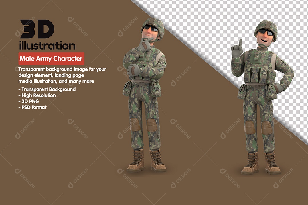 Ilustração de personagem de desenho animado 3d do soldado do exército