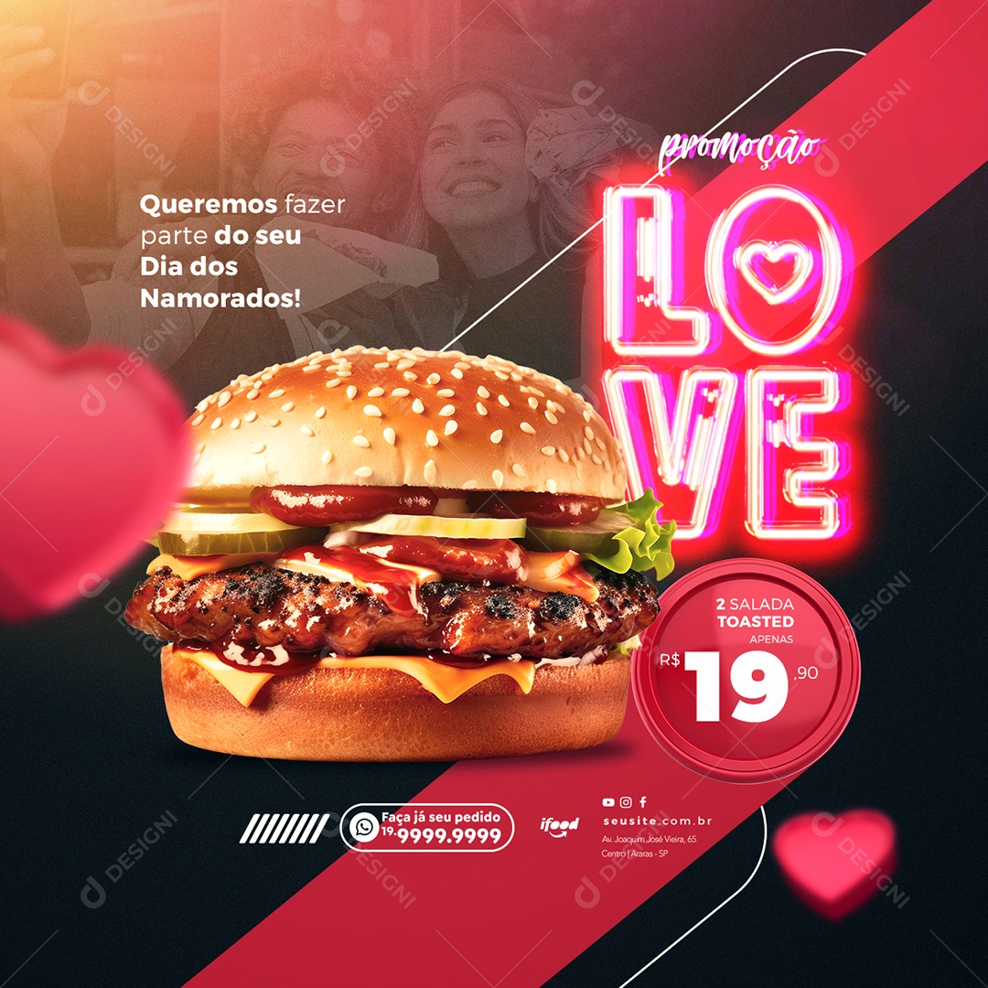 Promoção Love 2 Salada Toasted 19,90 Hamburgueria Dia Dos Namorados Social Media PSD Editável