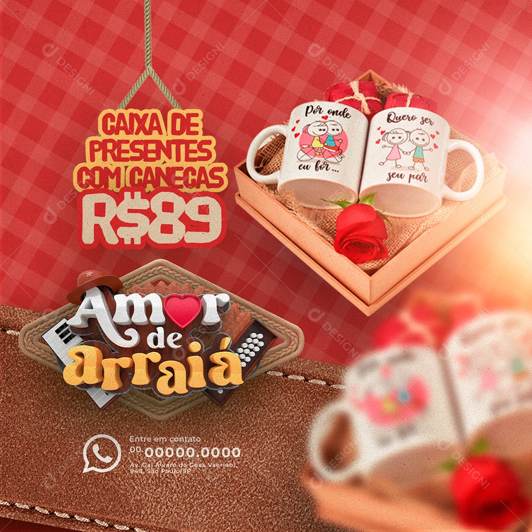 Campanha Publicitária Amor De Arraiá Caixa De Presentes Com Canecas 89,00 Social Media PSD Editável