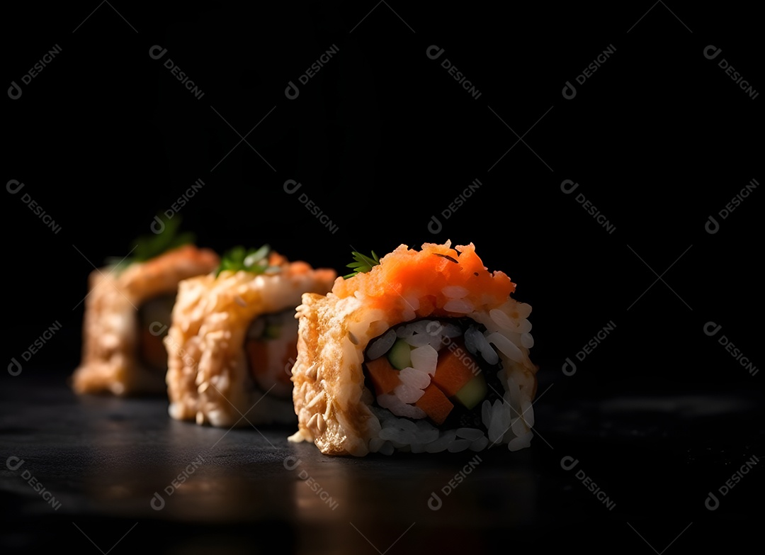 Deliciosas peças de sushi em fundo preto