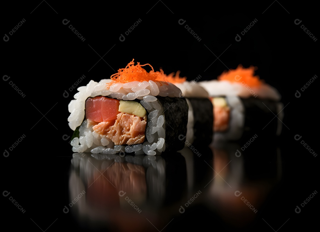 Deliciosas peças de sushi em fundo preto