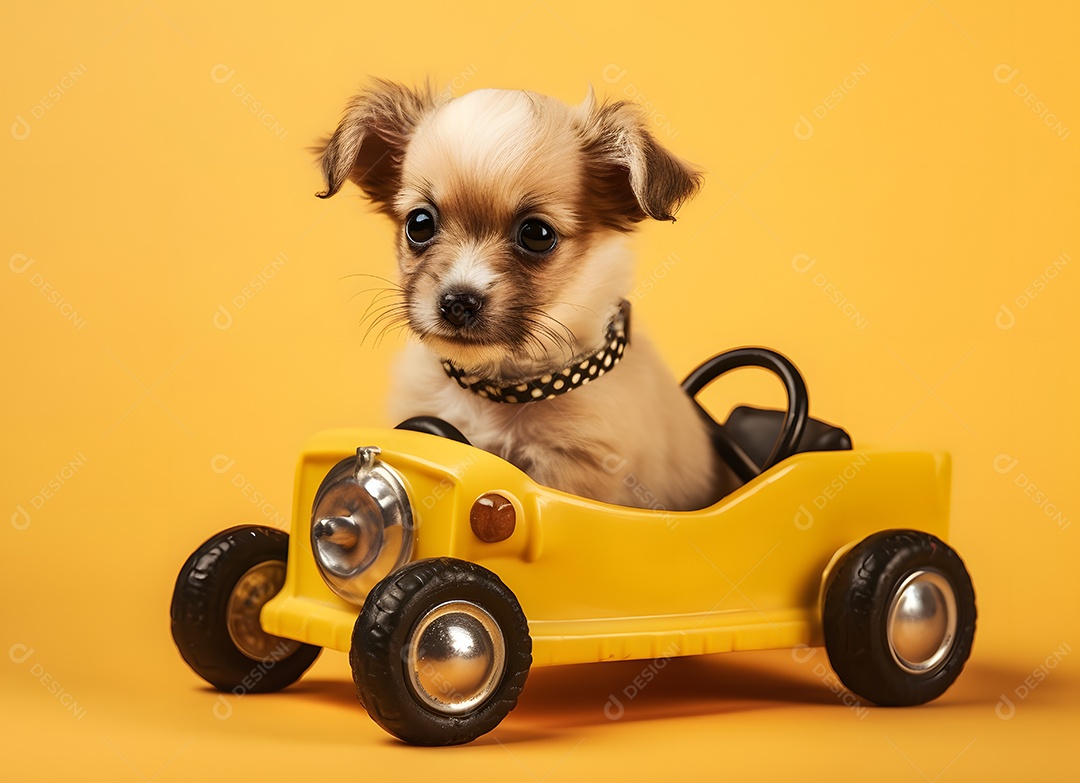 Cachorro fofo em carro de brinquedo em fundo amarelo