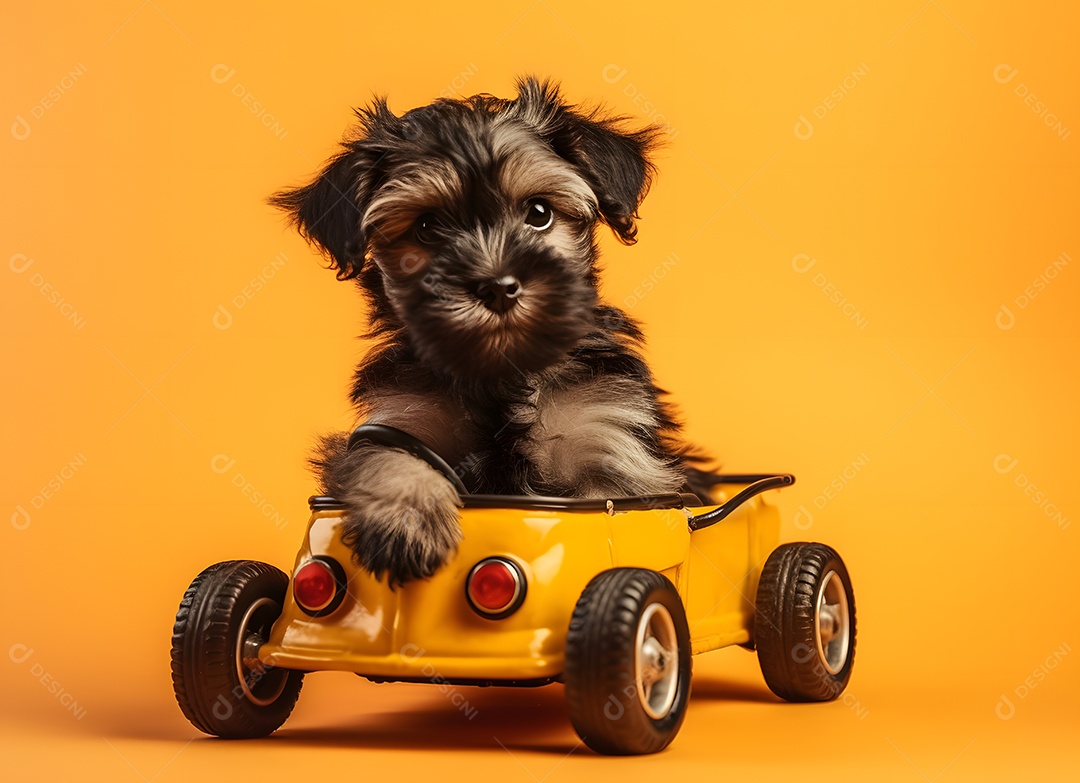 Cachorro fofo em carro de brinquedo em fundo amarelo