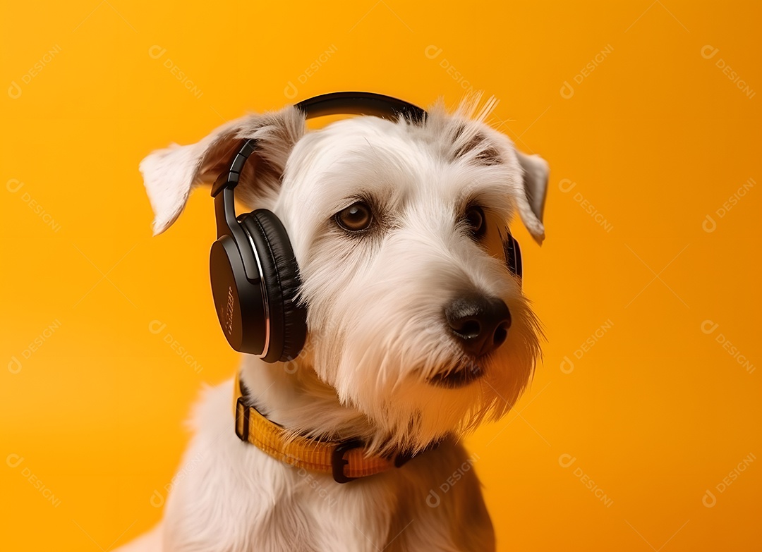 Cachorro Schnauzer miniatura com fone de ouvido em fundo amarelo