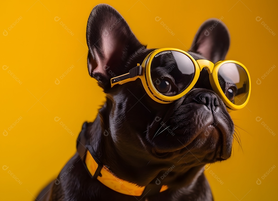 Cachorro buldogue francês preto com óculos escuro