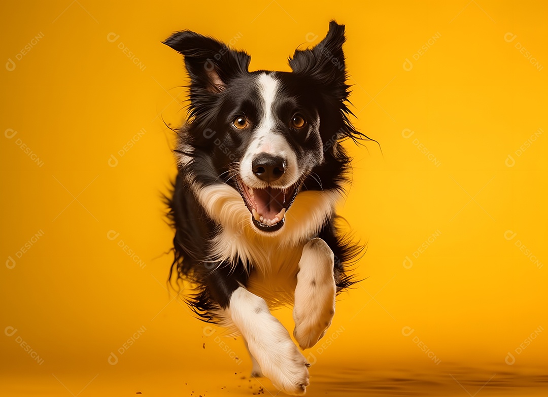 Cachorro Border collie correndo em fundo amarelo