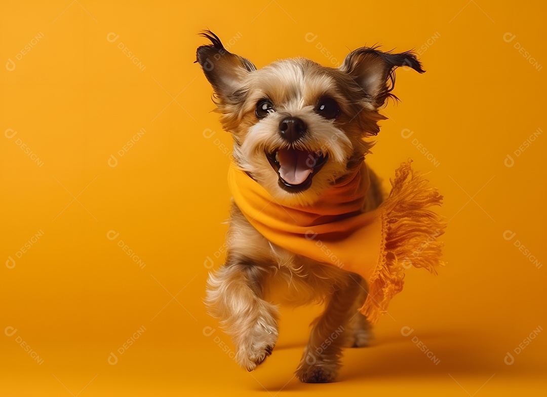 Cachorro Yorkshire terrier correndo em fundo amarelo