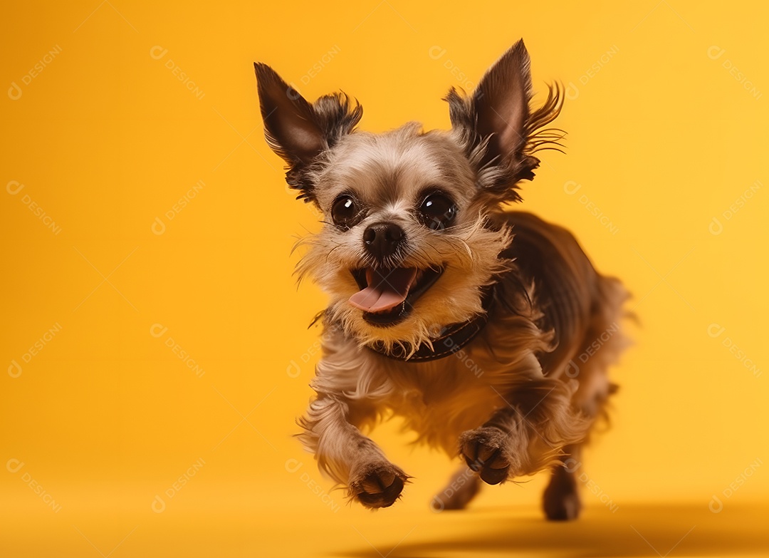 Cachorro Yorkshire terrier correndo em fundo amarelo