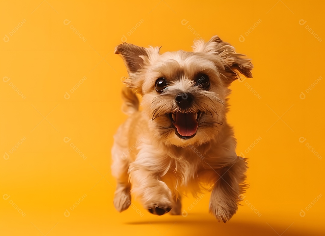 Cachorro Yorkshire terrier correndo em fundo amarelo