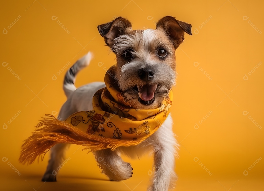 Cachorro Schnauzer miniatura com lenço em fundo amarelo