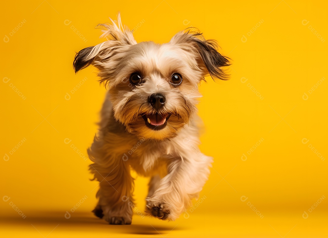 Cachorro Yorkshire terrier correndo em fundo amarelo