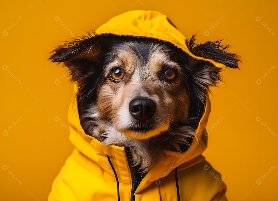 Cachorro Border collie com capuz em fundo amarelo