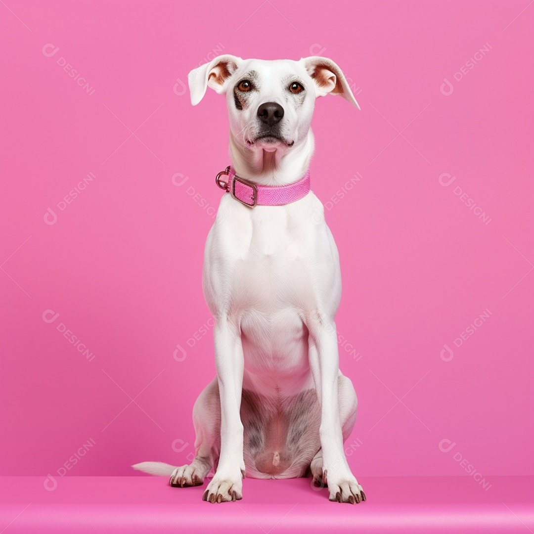 Cachorro parado em fundo rosa