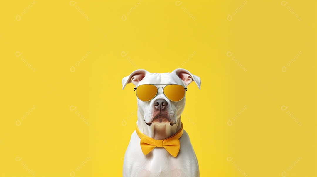 Cachorro branco com óculos em fundo amarelo