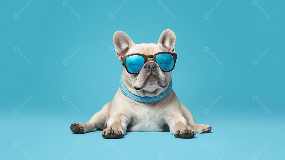 Cachorro filhote pug com óculos em fundo azul