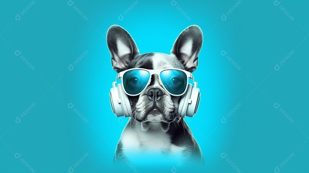 Cachorro filhote pug com óculos e fone de ouvido em fundo azul