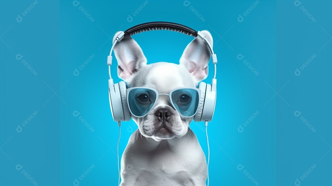 Cachorro filhote pug com óculos e fone de ouvido em fundo azul