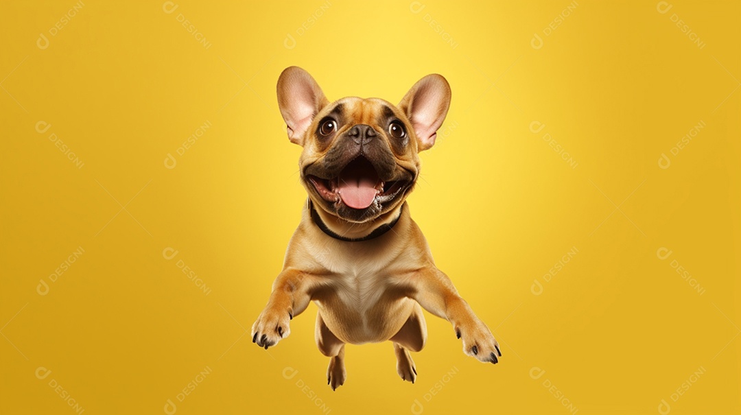 Cachorro pulando em fundo amarelo