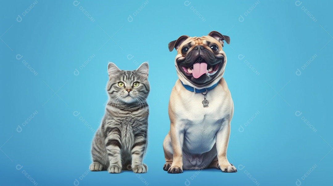 Cachorro pug e gato em fundo azul