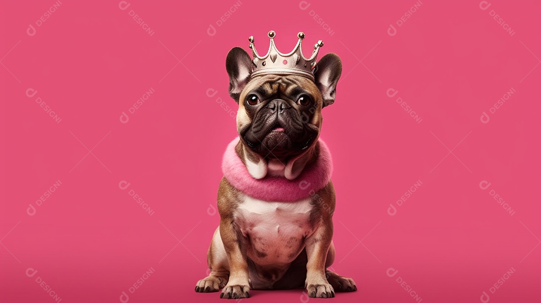 Cachorra Pug femêa com coroa em fundo rosa