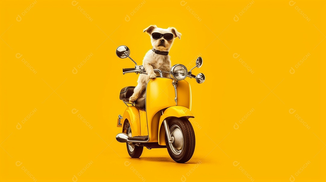 Cachorro com óculos escuro sentado na moto em fundo amarelo