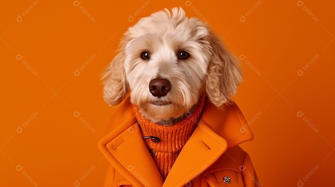 Cachorro com camisa em fundo laranja