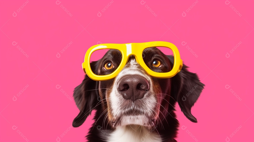 Cachorro com óculos amarelo em fundo rosa