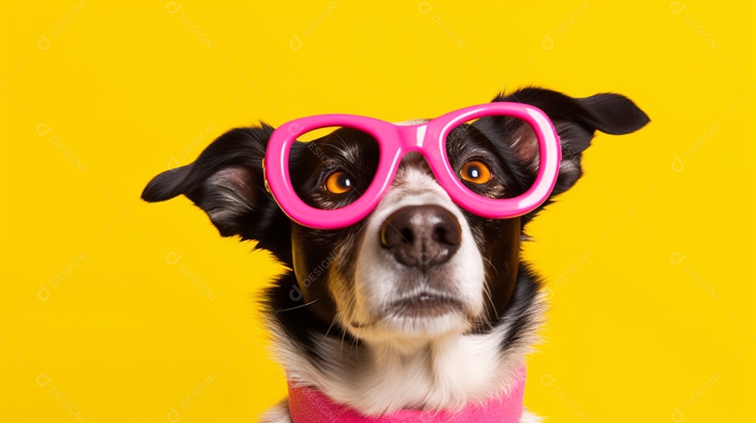 Cachorro com óculos rosa em fundo amarelo