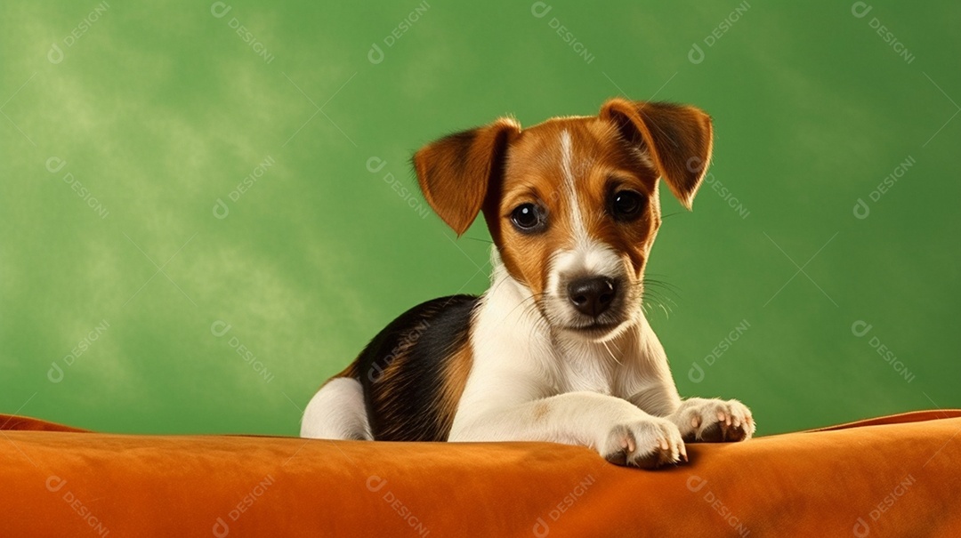 Cachorro filhote de Jack russell terrier deitado em fundo verde