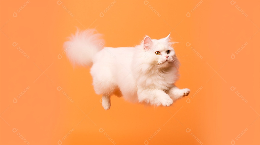 Gato branco pulando em fundo laranja