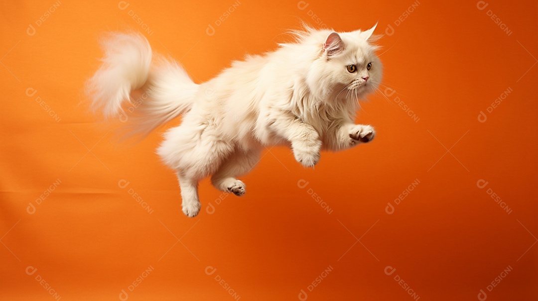 Gato branco pulando em fundo laranja