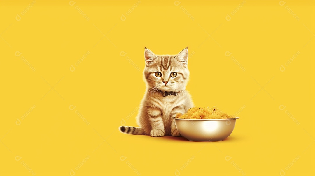 Filhote de gato com tigela de ração em fundo amarelo