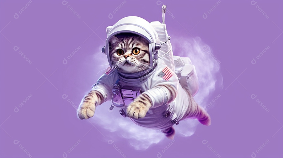 Gato com roupa e capacete de astronauta em fundo roxo