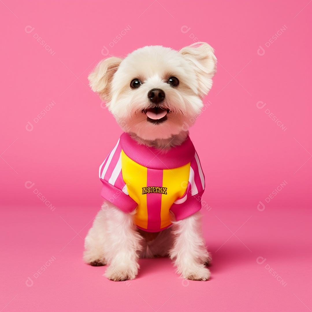 Lindo cachorrinho maltês com camiseta em fundo rosa