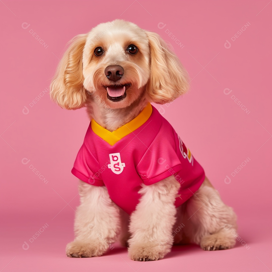 Lindo cachorrinho poodle com camiseta em fundo rosa