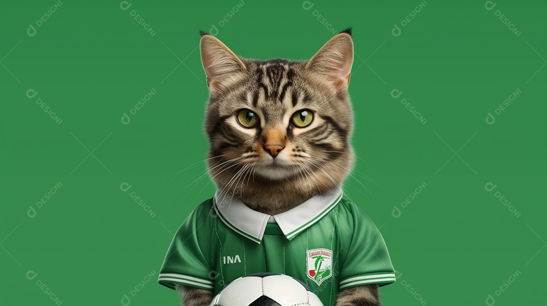 Gato com uniforme de futebol em fundo verde