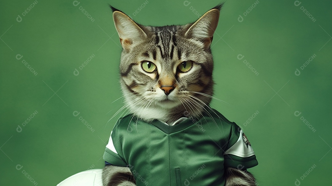 Gato com uniforme de futebol em fundo verde