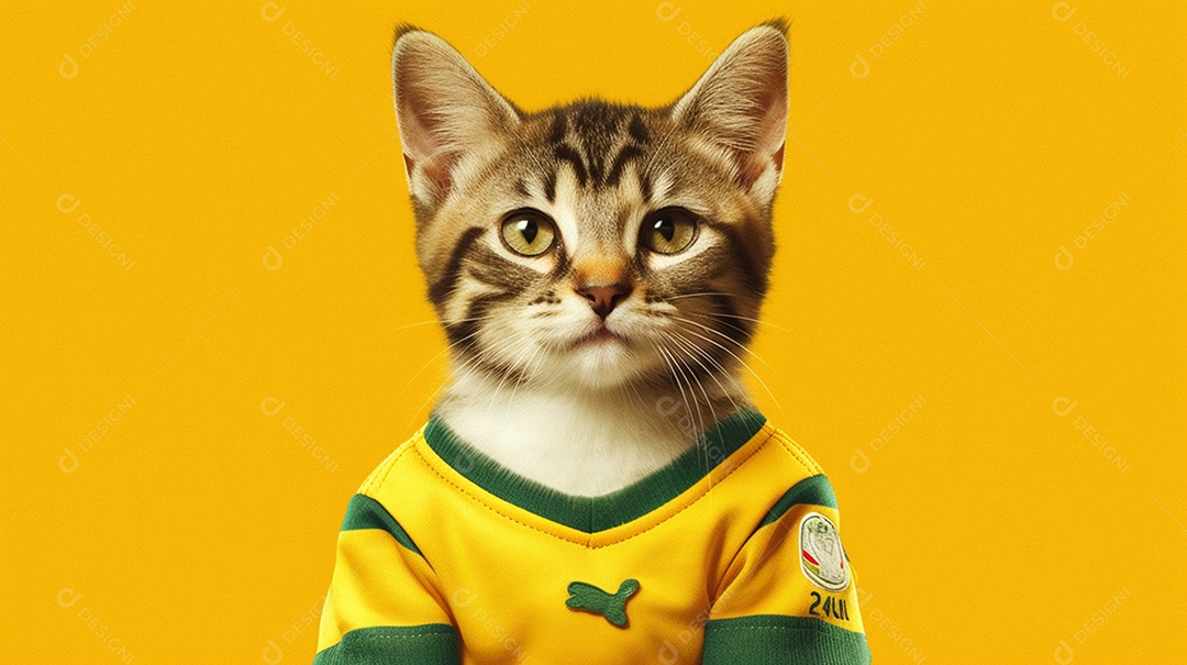 Gato com uniforme de futebol em fundo amarelo