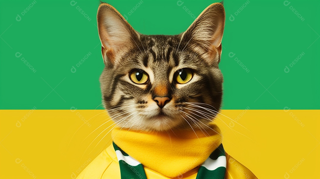 Gato com roupa em fundo verde e amarelo