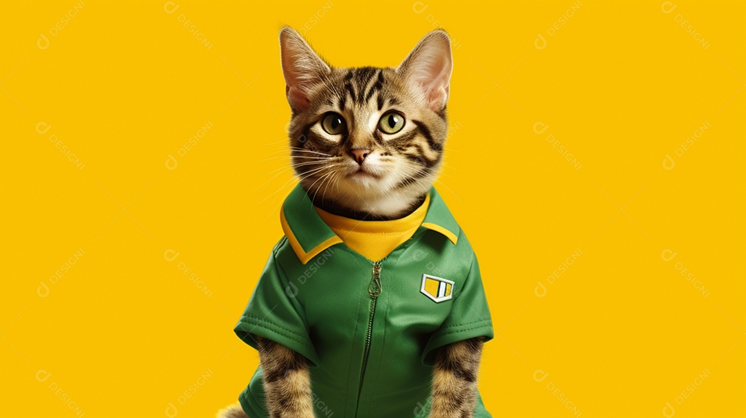 Gato com uniforme de futebol em fundo amarelo