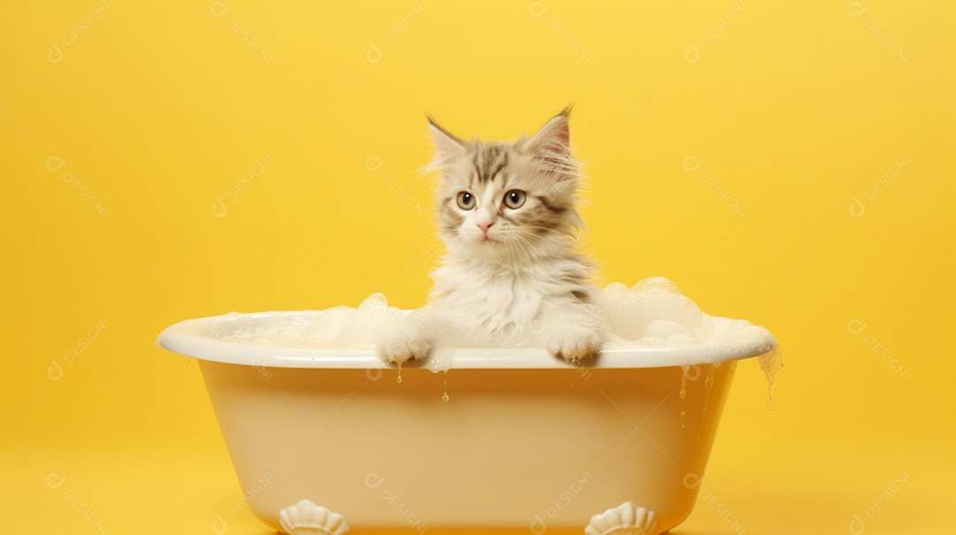 Gato fofinho na banheira de espuma em fundo amarelo