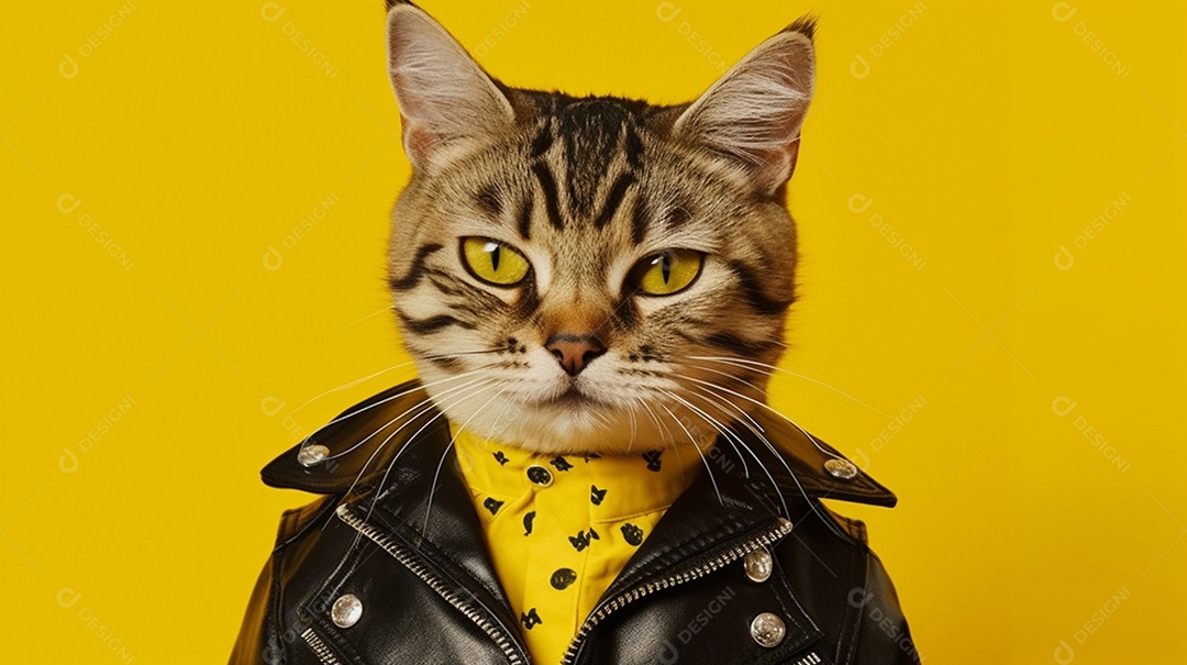 Gato estiloso com jaqueta preta em fundo amarelo